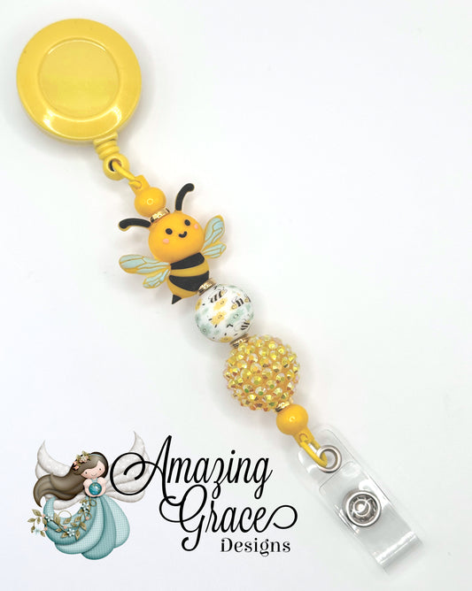 Buzz-Worthy Yellow Bee Retractable Beaded Badge Reel - Cute & Sweet!