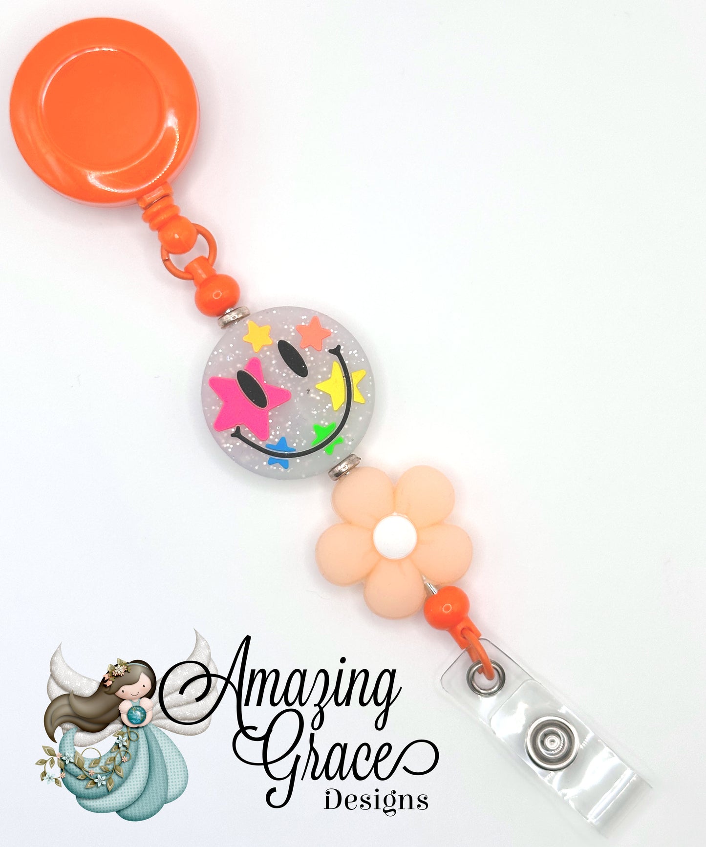 Starry-Eyed Smiley & Glow-in-the-Dark Flower Retractable Badge Reel - Happy Vibes!