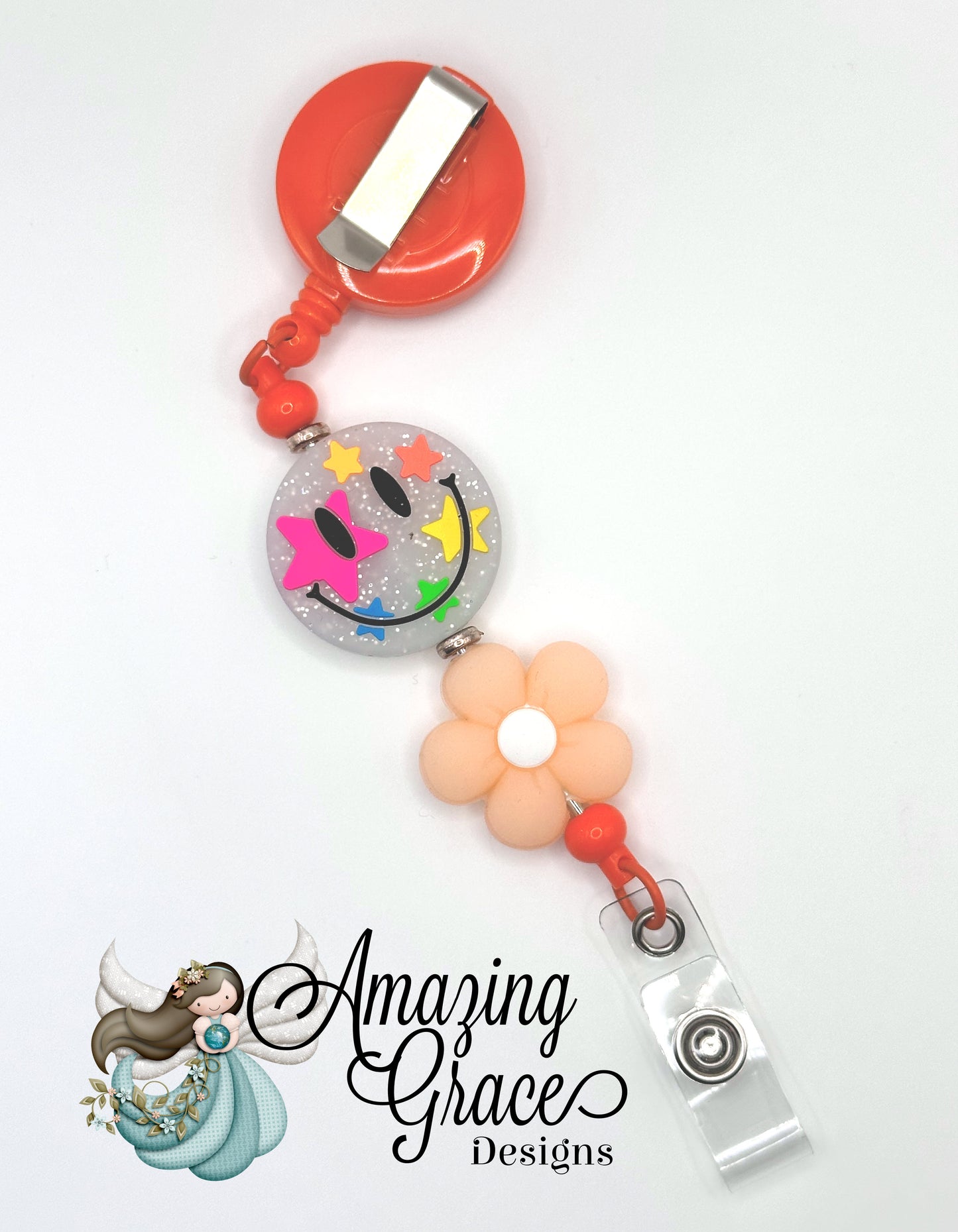 Starry-Eyed Smiley & Glow-in-the-Dark Flower Retractable Badge Reel - Happy Vibes!