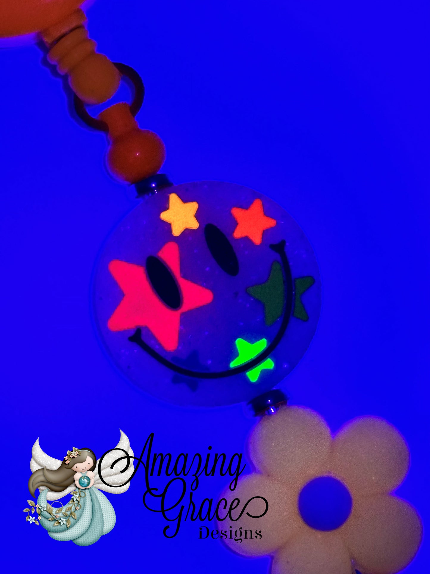 Starry-Eyed Smiley & Glow-in-the-Dark Flower Retractable Badge Reel - Happy Vibes!