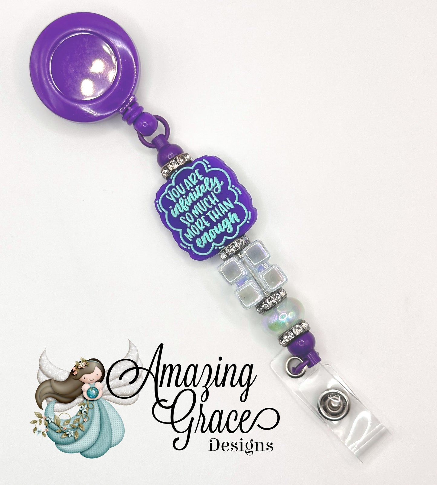 "You Are Infinitely More Than Enough" Purple Beaded Retractable Badge Reel - Inspirational Gift!