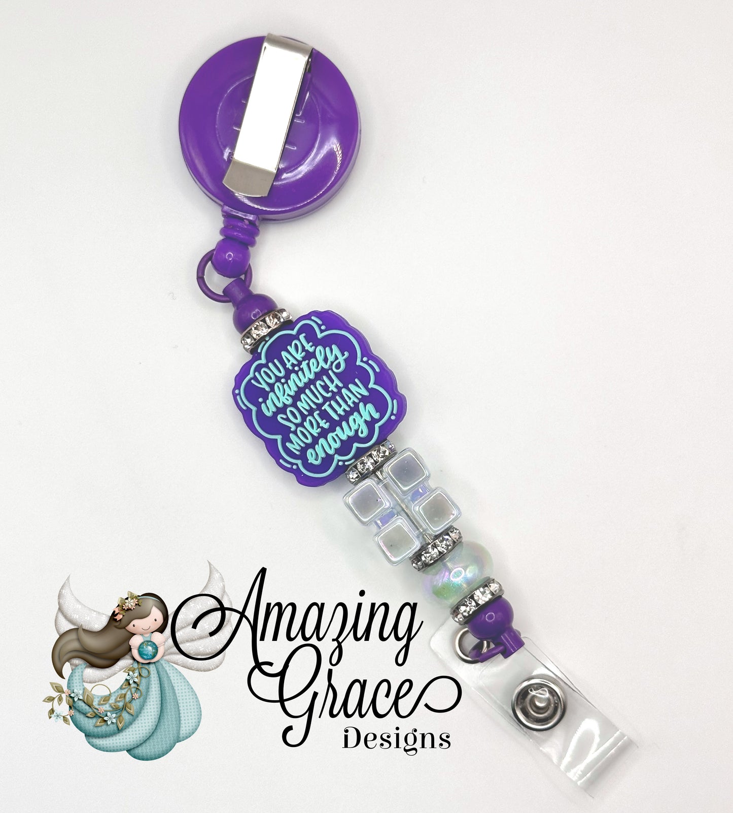 "You Are Infinitely More Than Enough" Purple Beaded Retractable Badge Reel - Inspirational Gift!