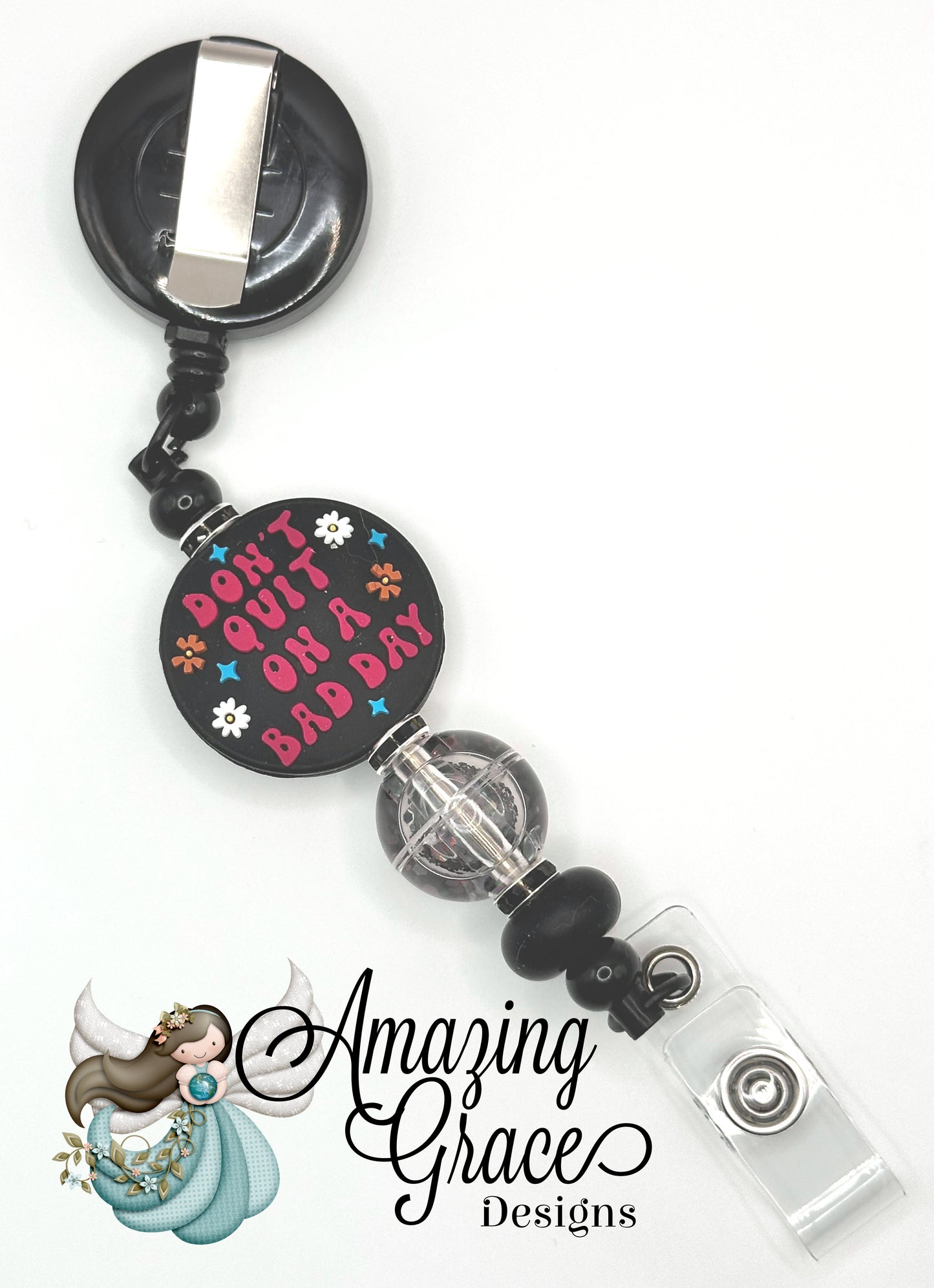 "DON'T QUIT ON A BAD DAY" Black Beaded Retractable Badge Reel - Motivational & Inspiring!