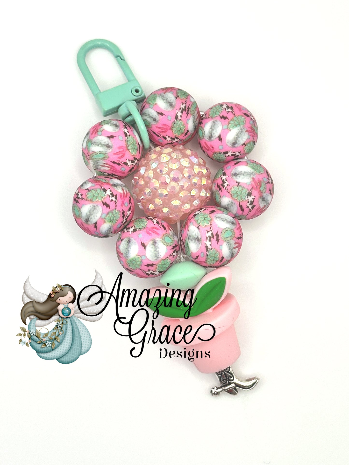 Bright Pink & Green Cactus Beaded Keychain / Purse Charm