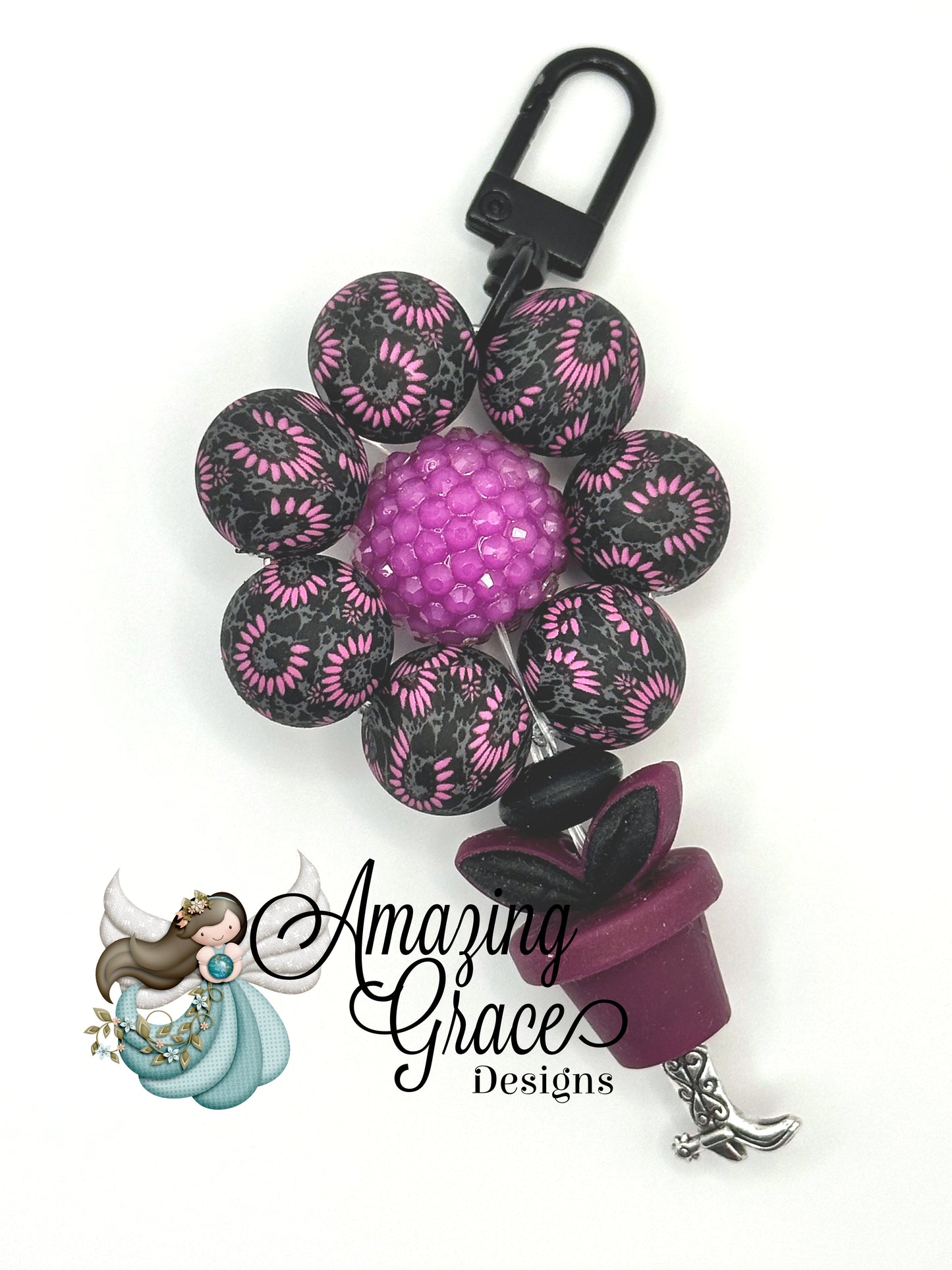 Dark Floral & Pink Beaded Flowerpot Keychain / Purse Charm
