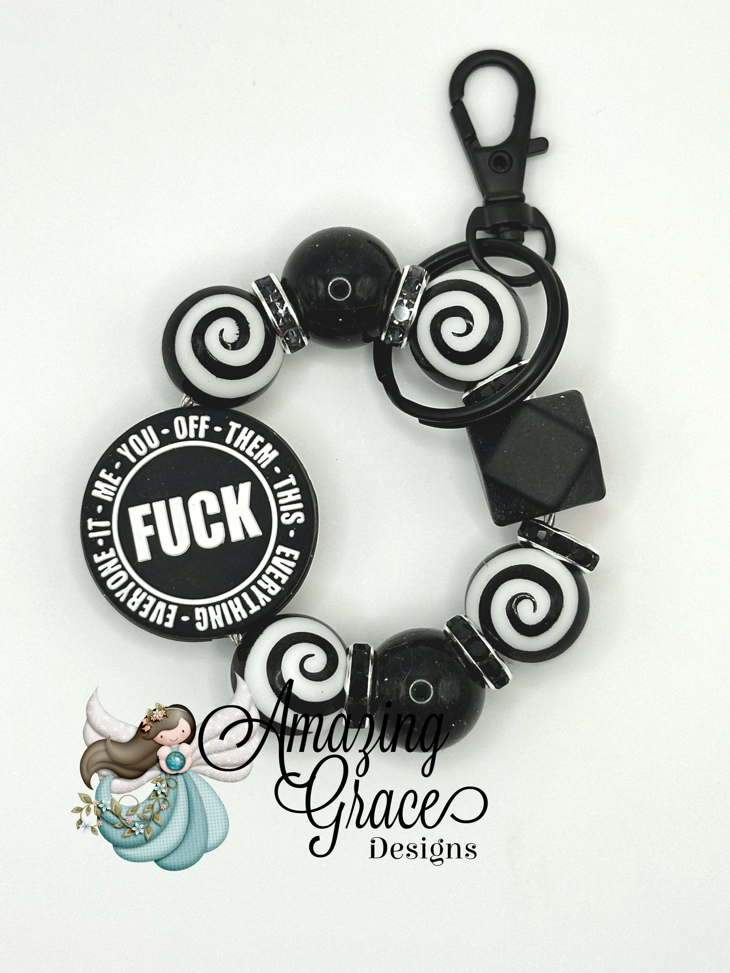 F*** It All - Black & White Swirl Beaded Keychain
