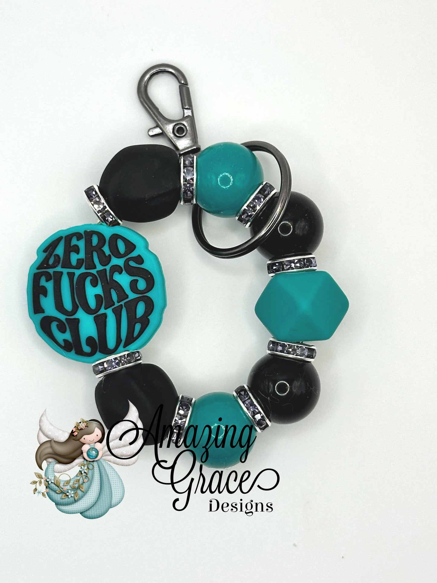 Zero F's Club - Teal & Black Beaded Keychain