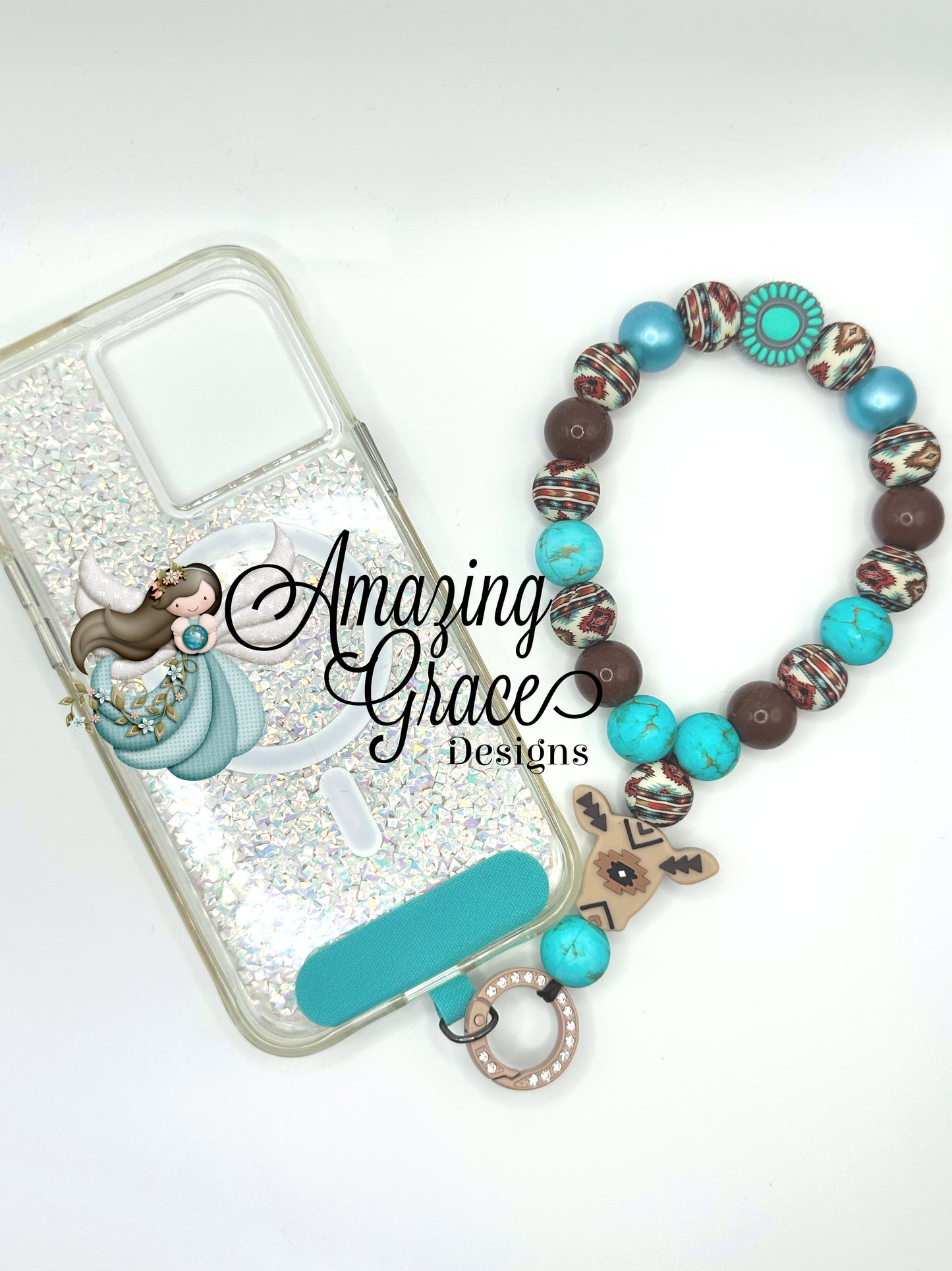 Turquoise & Aztec Cow Print Silicone Cell Phone Wristlet