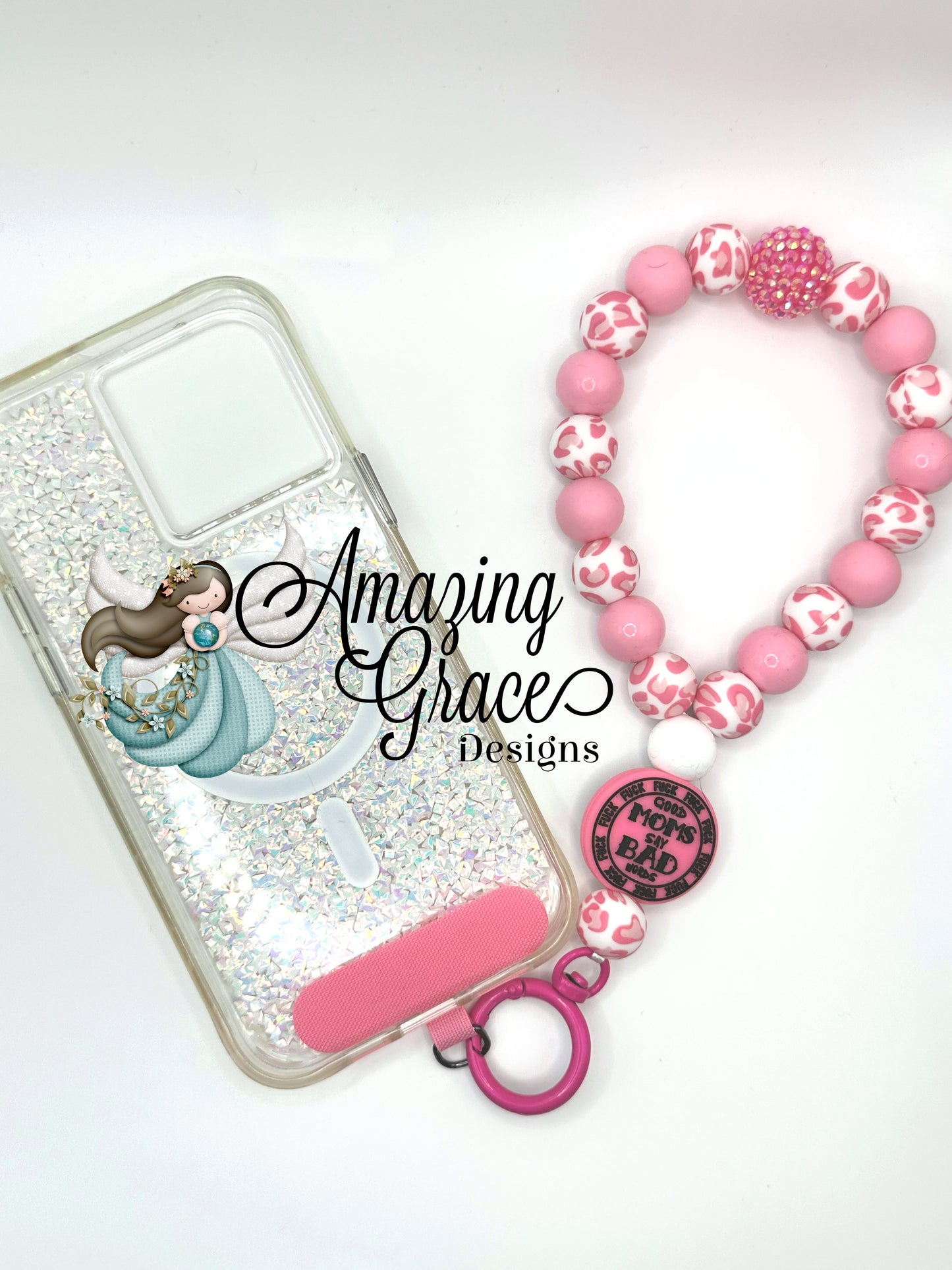 Good Moms Say Bad Words - Pink Leopard Silicone Cell Phone Wristlet