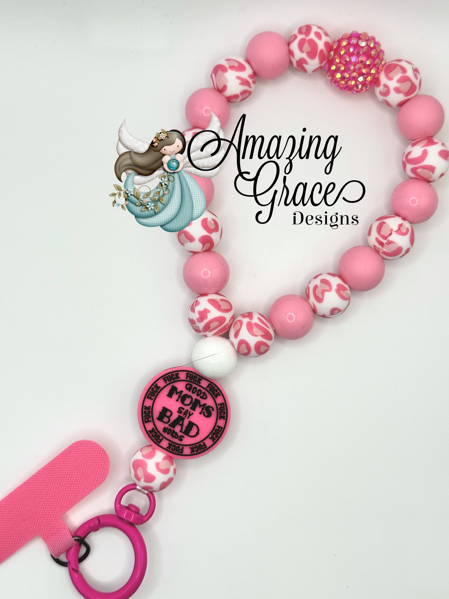 Good Moms Say Bad Words - Pink Leopard Silicone Cell Phone Wristlet