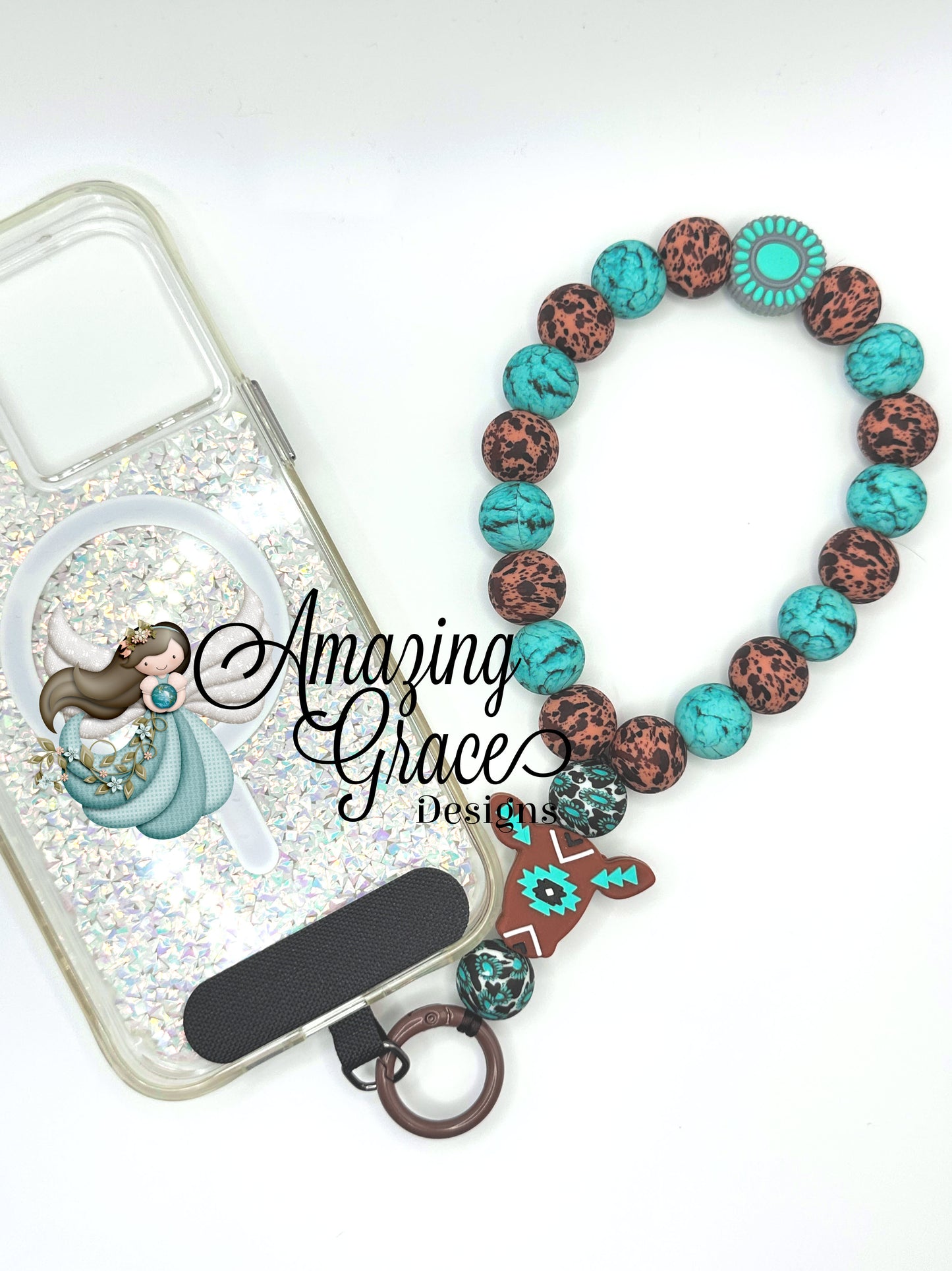 Southwestern Teal & Rust Silicone Cell Phone Wristlet with Steer Head Charm