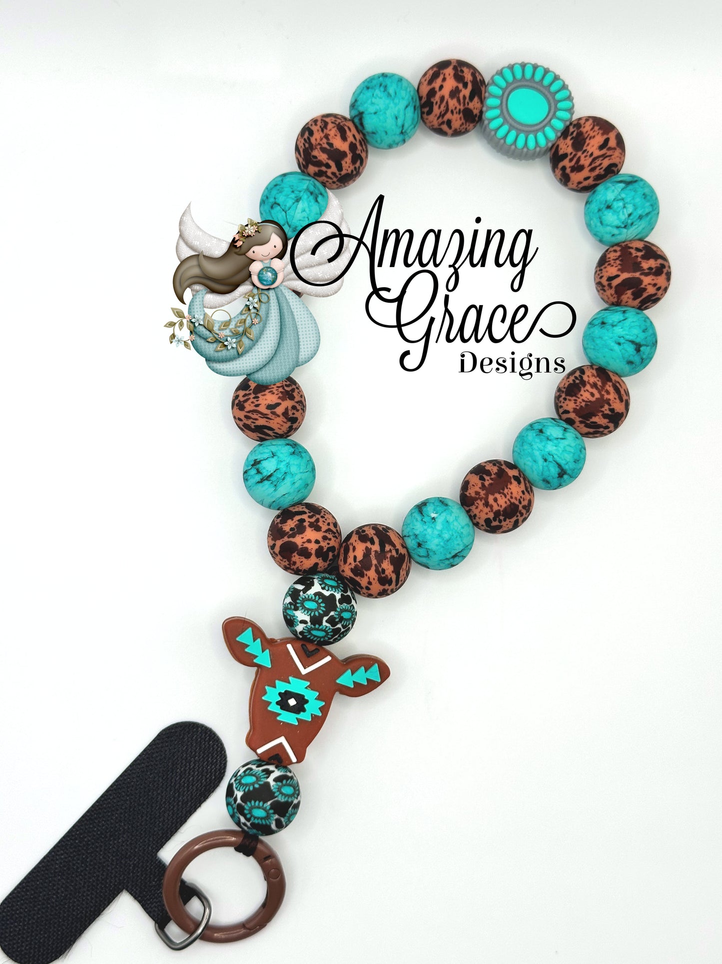 Southwestern Teal & Rust Silicone Cell Phone Wristlet with Steer Head Charm