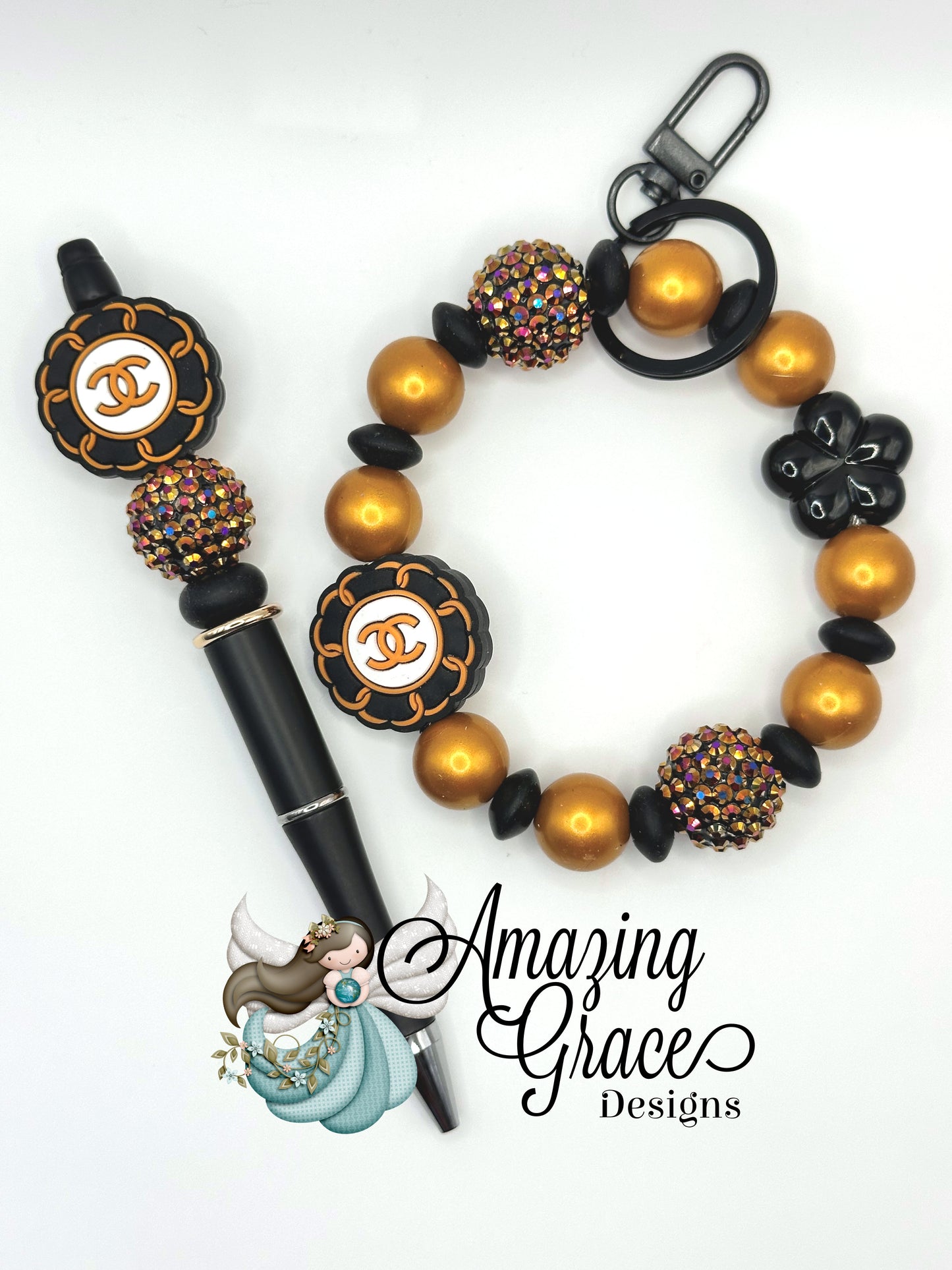 Elegant Black & Gold Beaded Pen & Wristlet Set