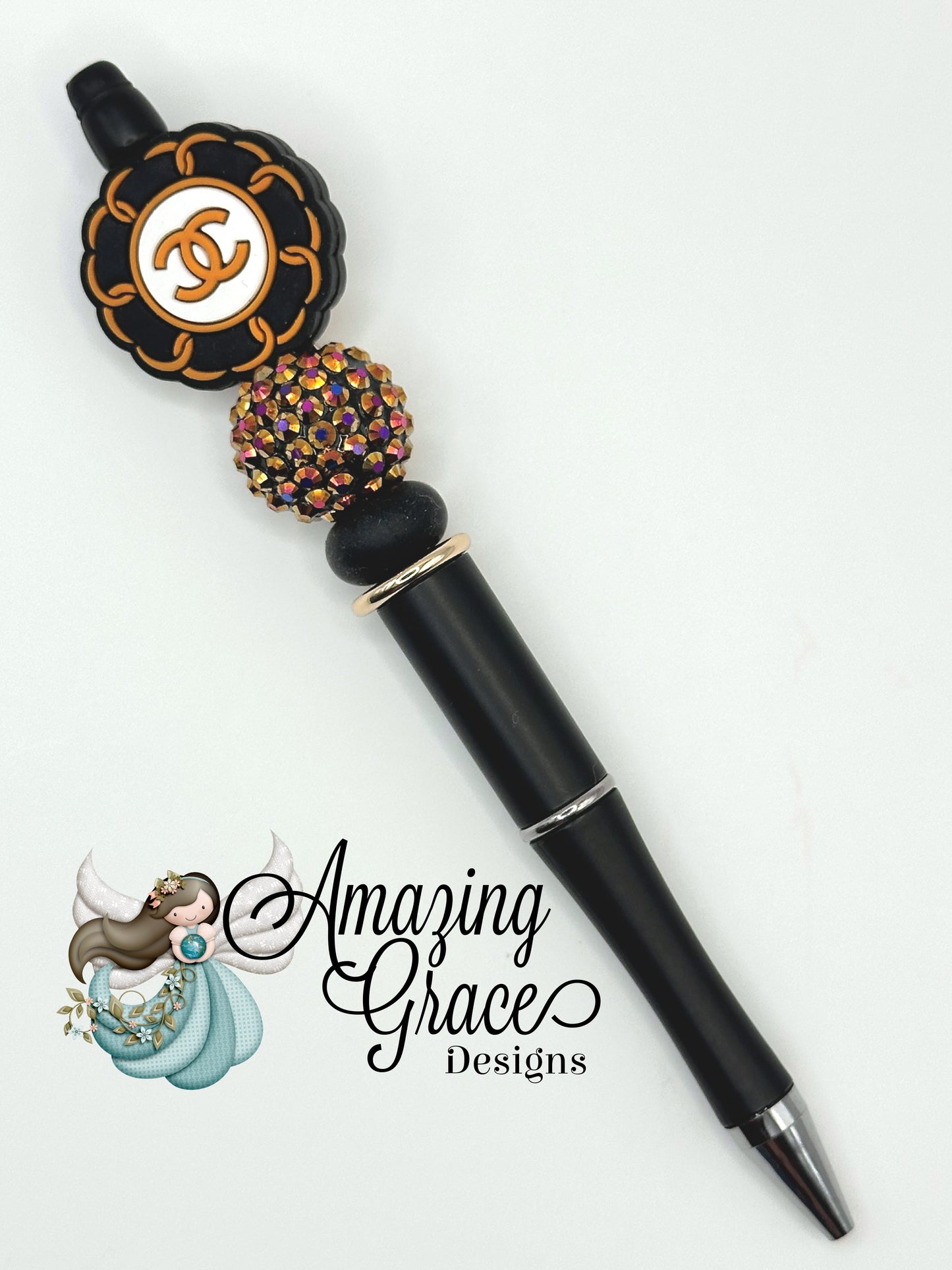 Elegant Black & Gold Beaded Pen & Wristlet Set