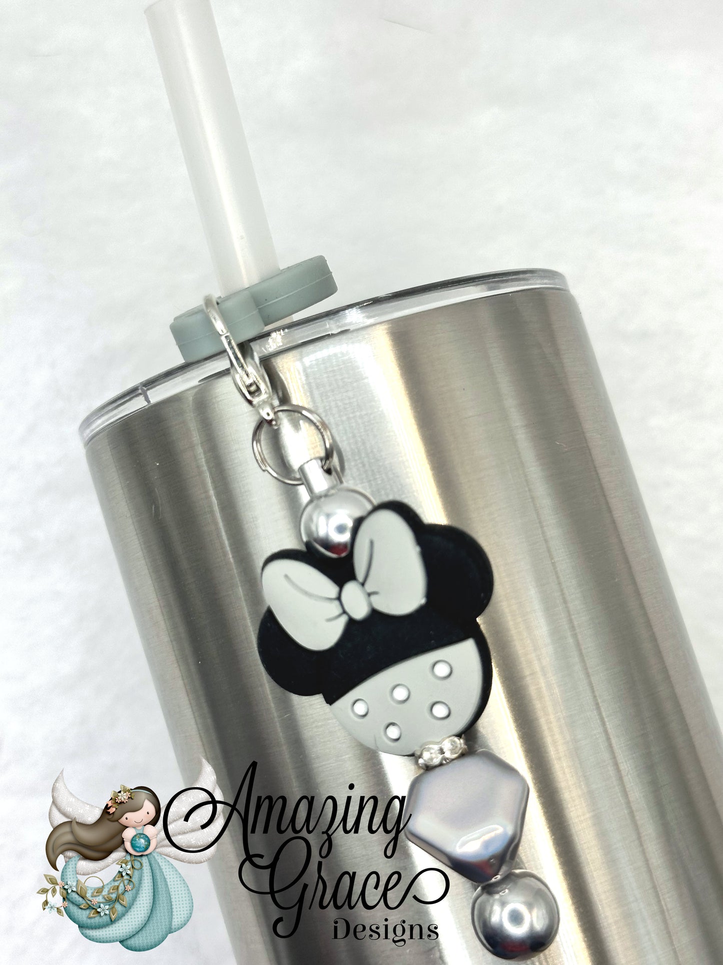Grey & Black Bow Mouse Tumbler Straw Charm