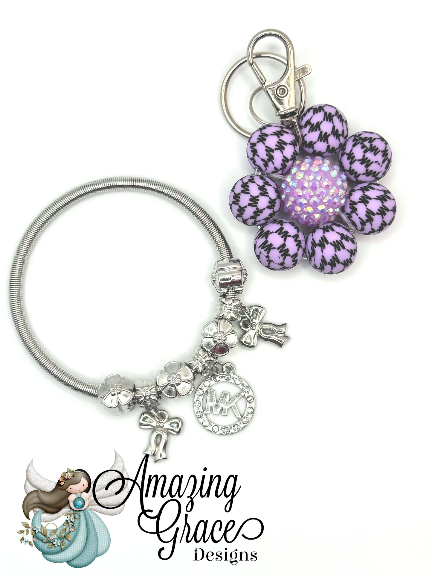Purple Flower Blossom Keychain & Charm Bracelet Set
