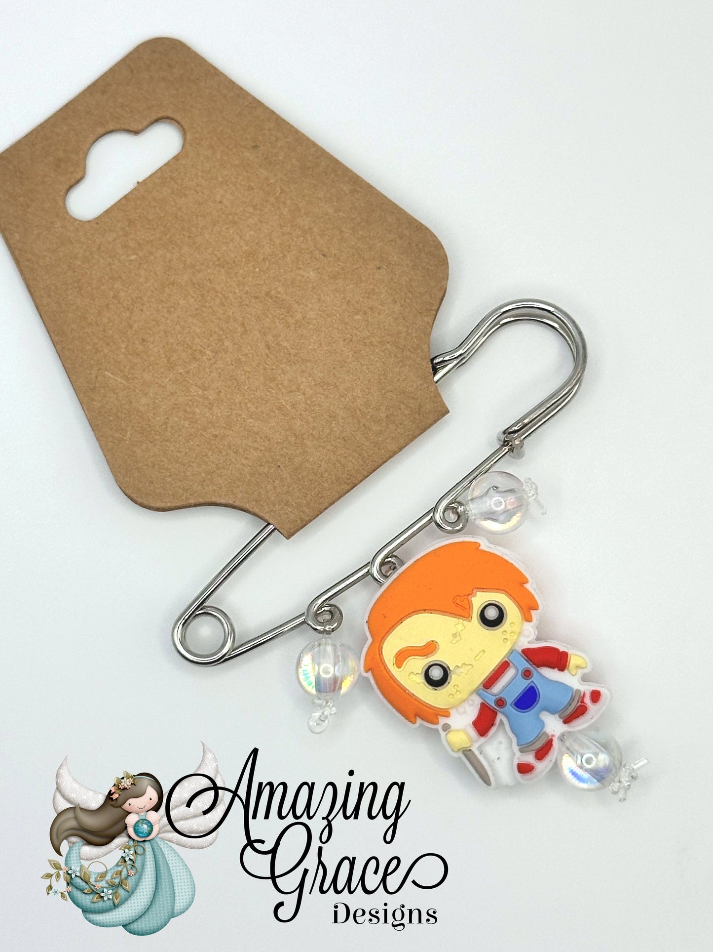 Creepy Doll Charm Oversized Safety Pin