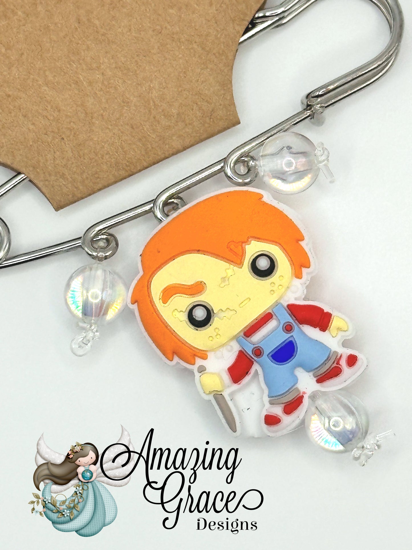 Creepy Doll Charm Oversized Safety Pin