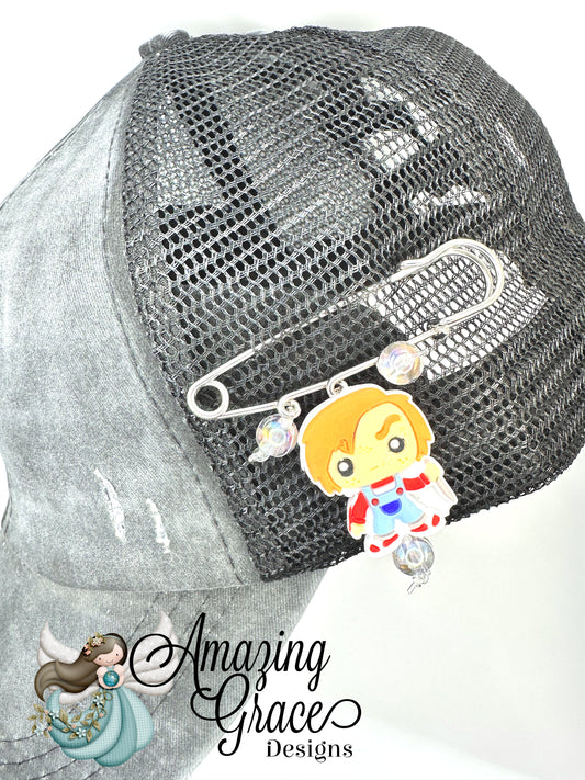 Creepy Doll Charm Oversized Safety Pin