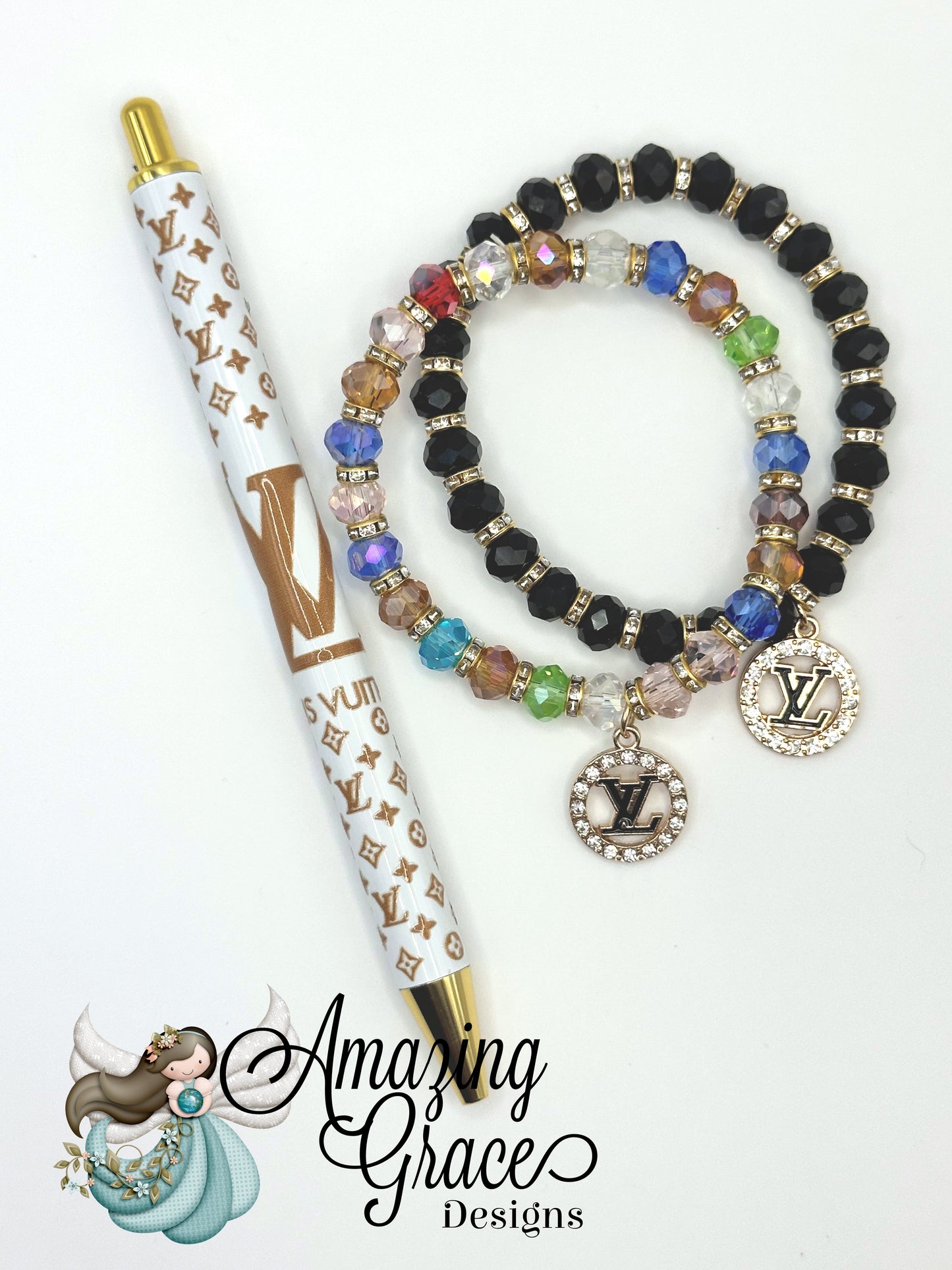 Patterned Pen and Multicolored Bracelet Set