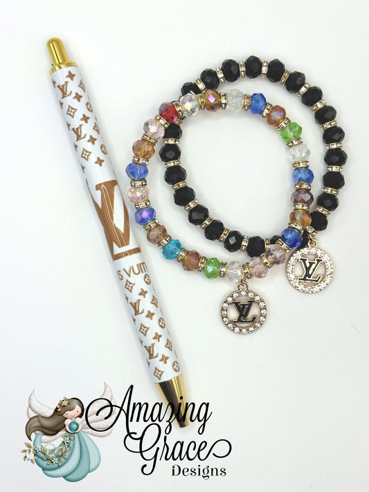 Patterned Pen and Multicolored Bracelet Set