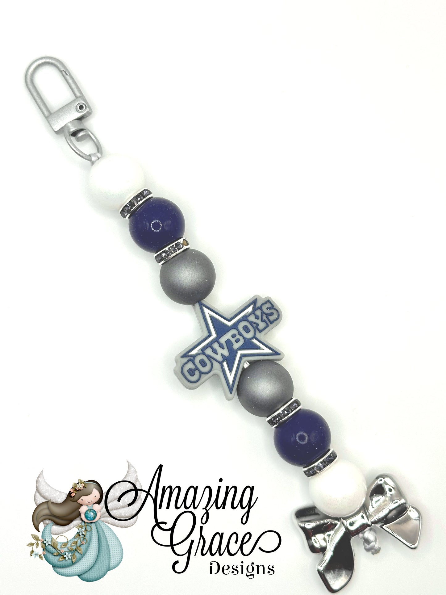 Game Day Star & Bow Keychain - Silver, Blue, White