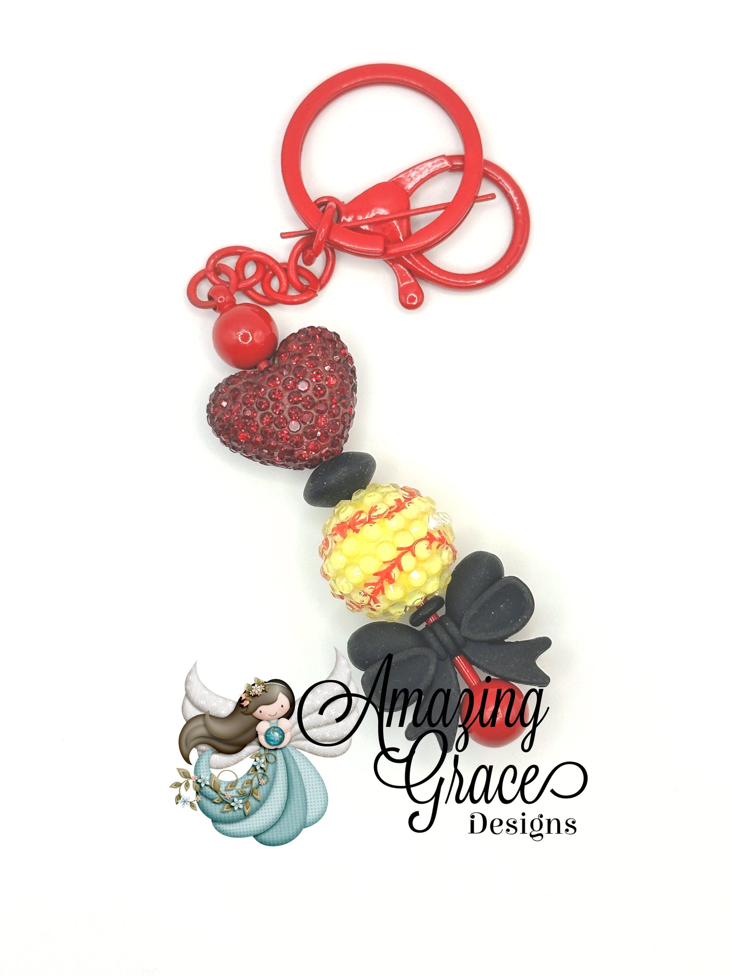 Glam Softball Keychain - Rhinestone Heart, Softball & Bow Charm