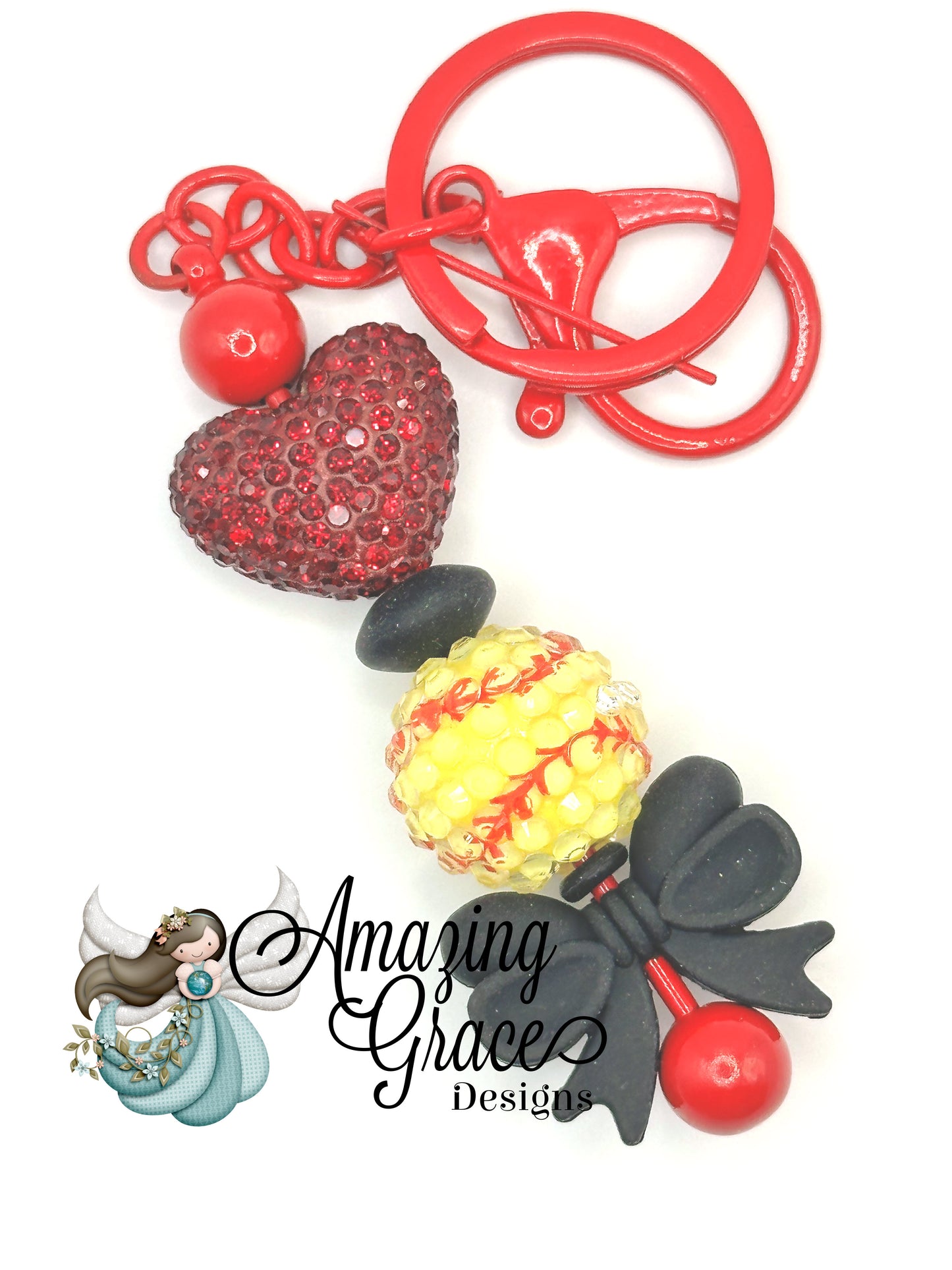 Glam Softball Keychain - Rhinestone Heart, Softball & Bow Charm