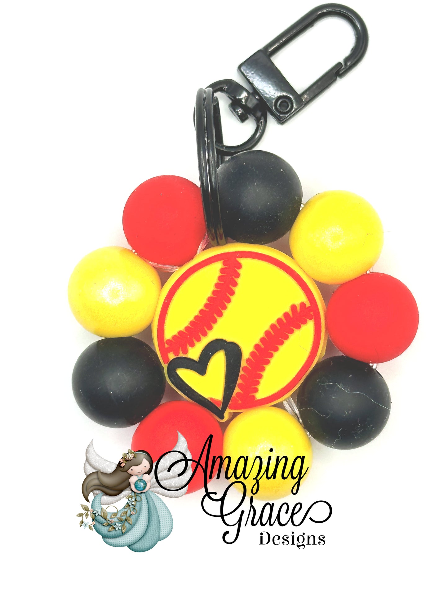 Softball Flower Keychain - Unique Petal Bead Design & Heart Charm