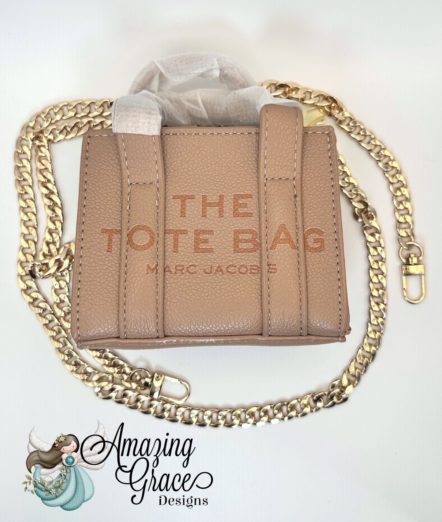 Beige Mini Faux Leather Tote with Detachable Gold Chain
