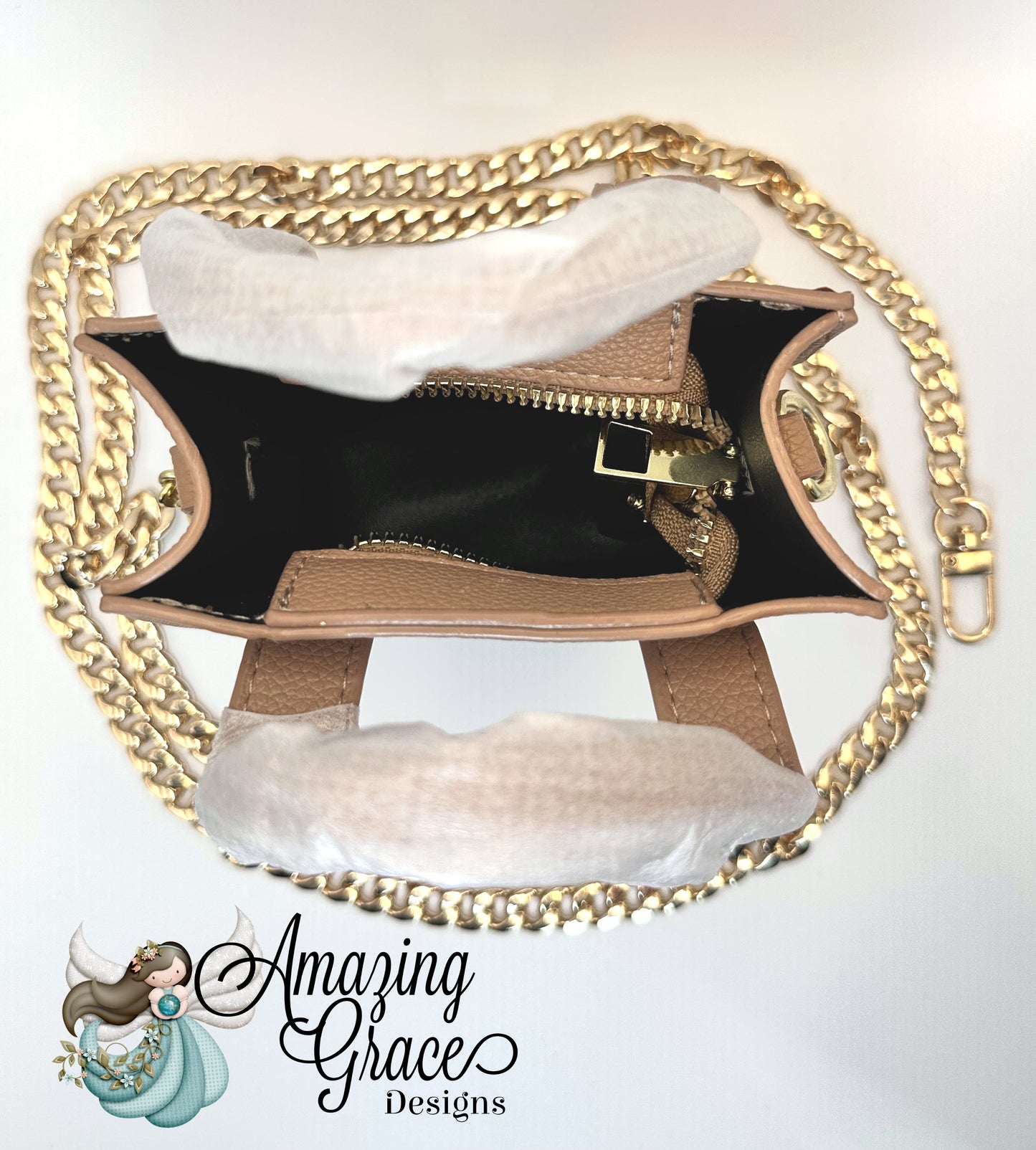 Beige Mini Faux Leather Tote with Detachable Gold Chain