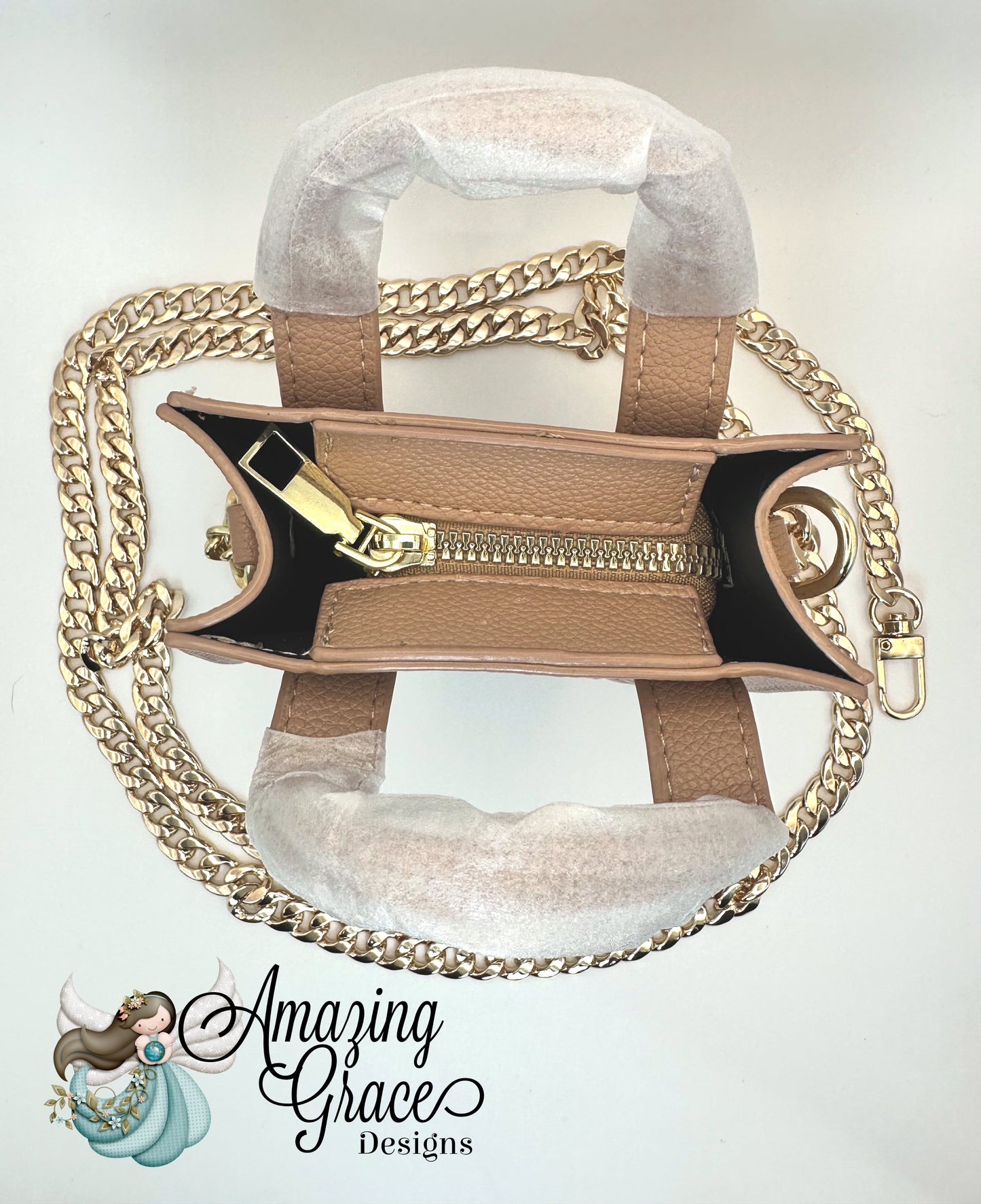 Beige Mini Faux Leather Tote with Detachable Gold Chain