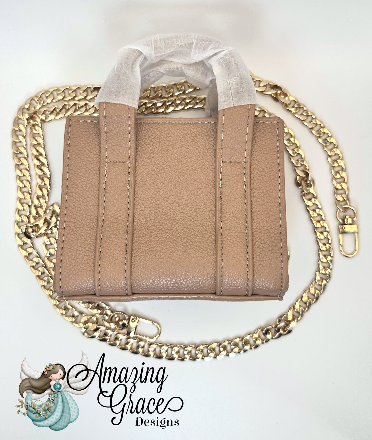 Beige Mini Faux Leather Tote with Detachable Gold Chain