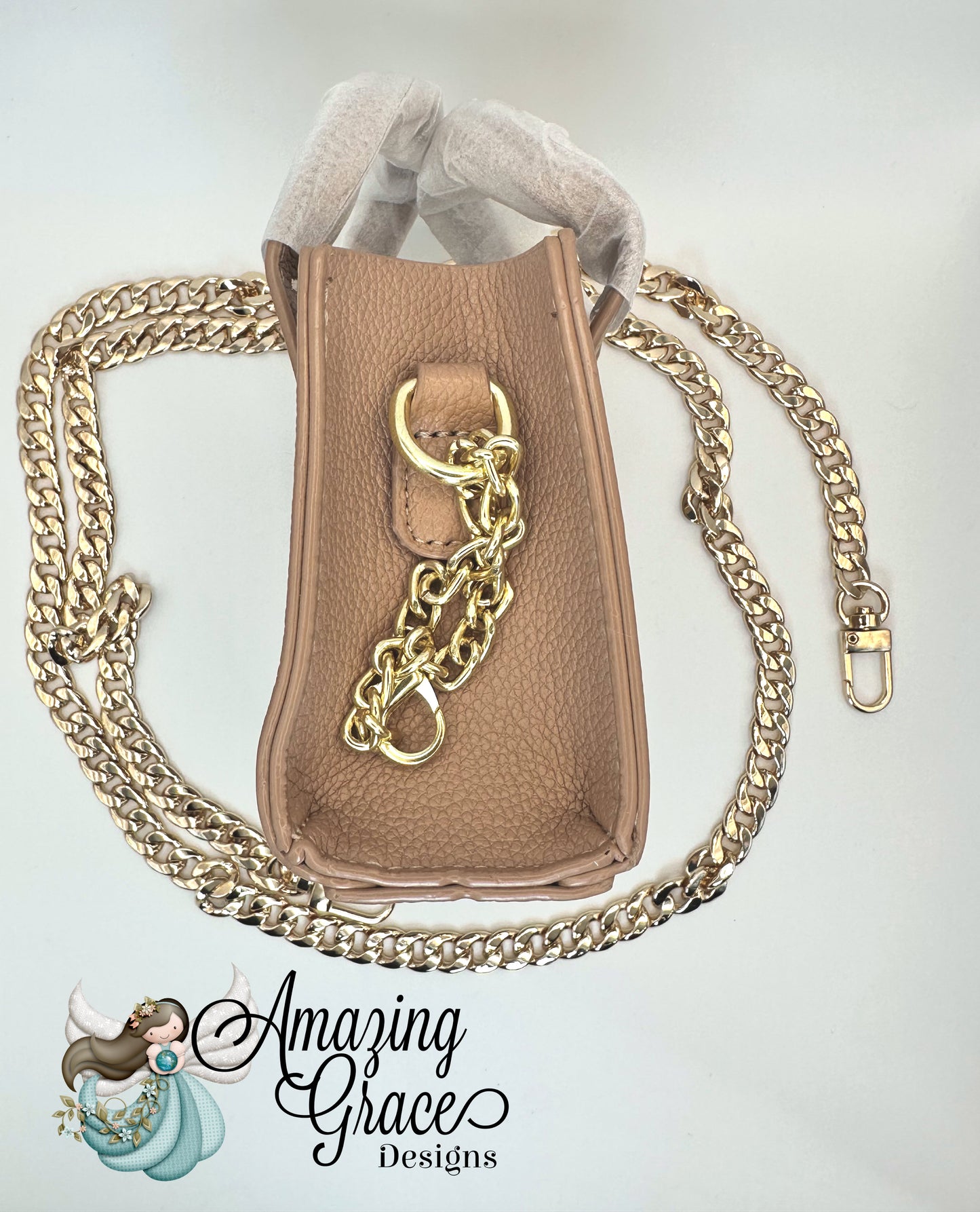 Beige Mini Faux Leather Tote with Detachable Gold Chain