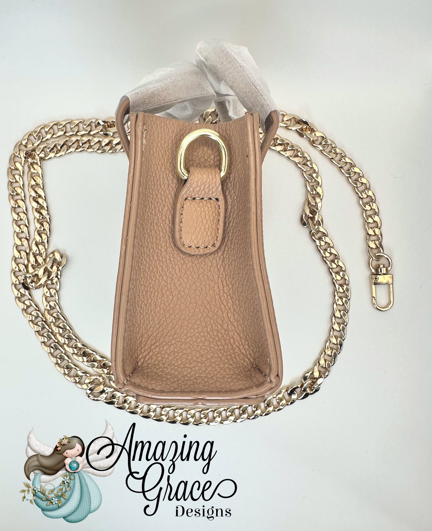 Beige Mini Faux Leather Tote with Detachable Gold Chain