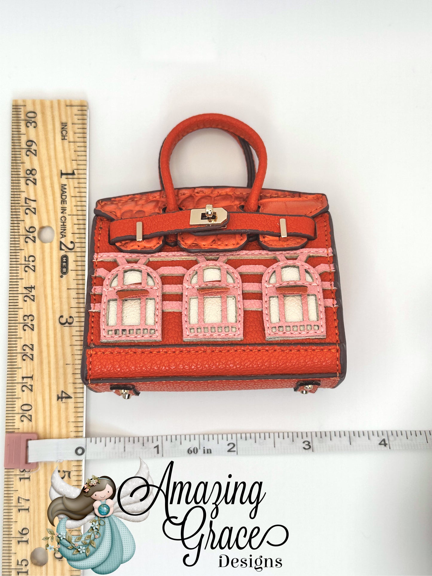 Orange Faux Leather Micro Tote with Arch Pattern
