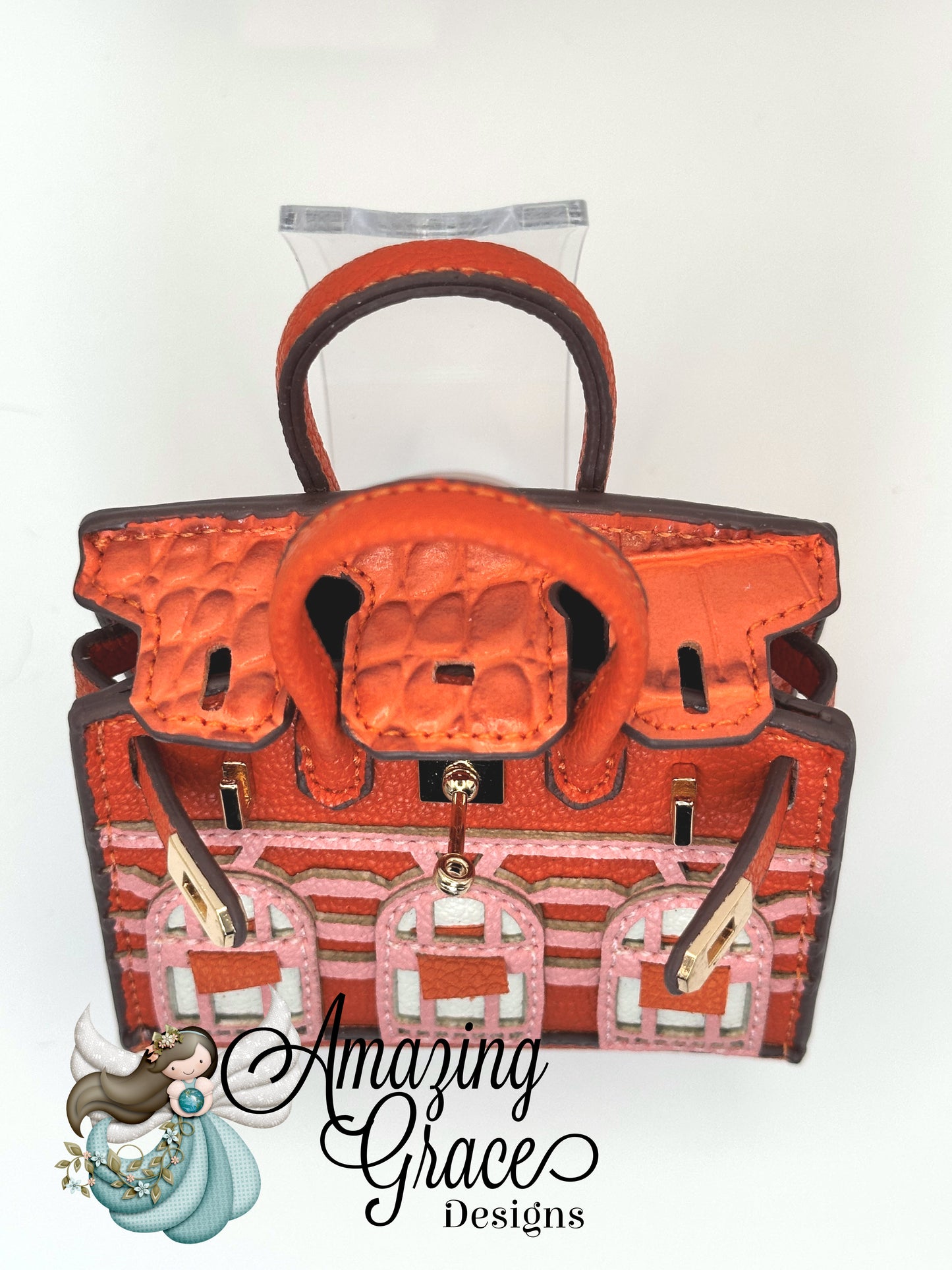 Orange Faux Leather Micro Tote with Arch Pattern