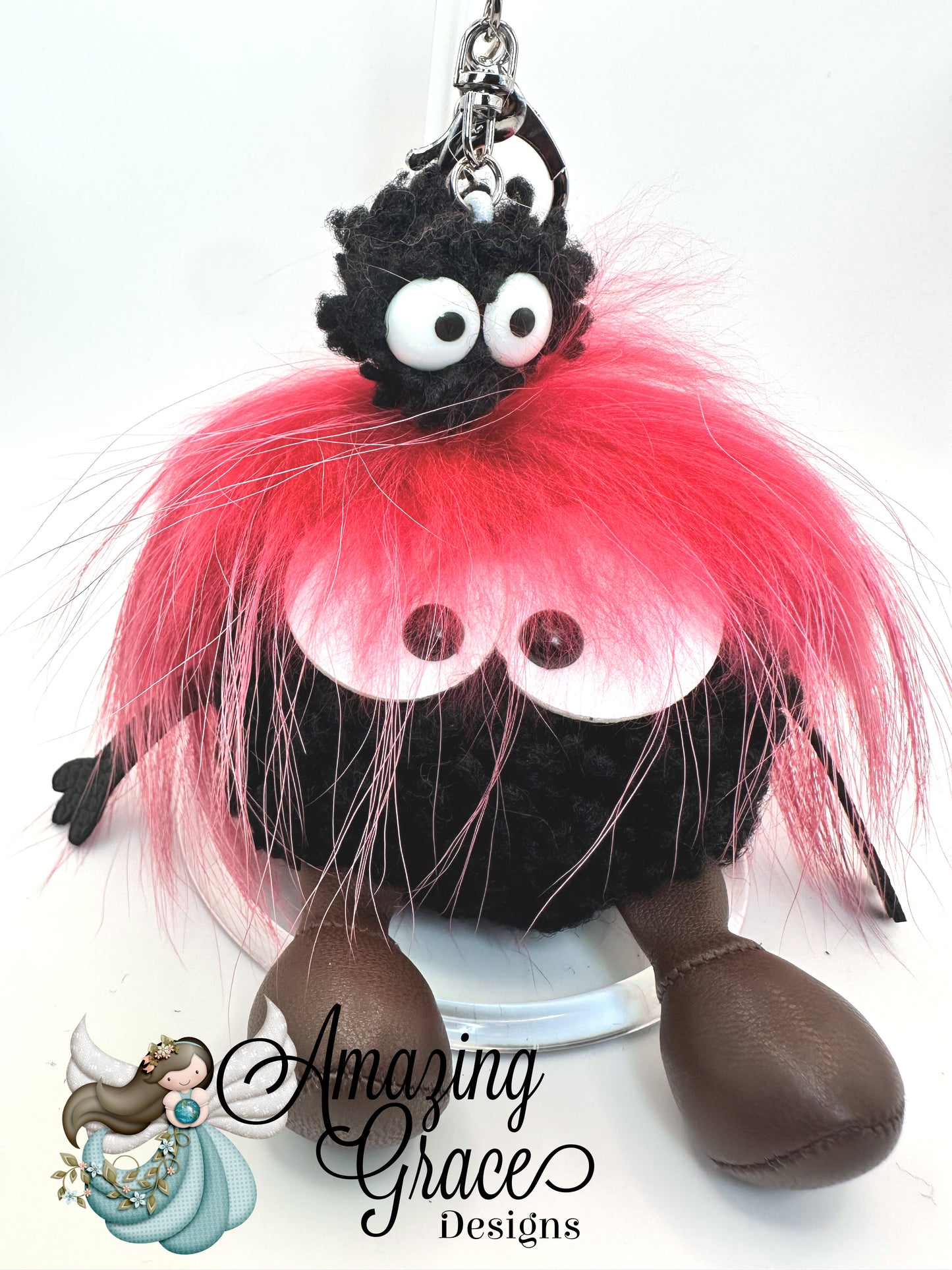 Whimsical Pink & Black Furry Friend Bag Charm