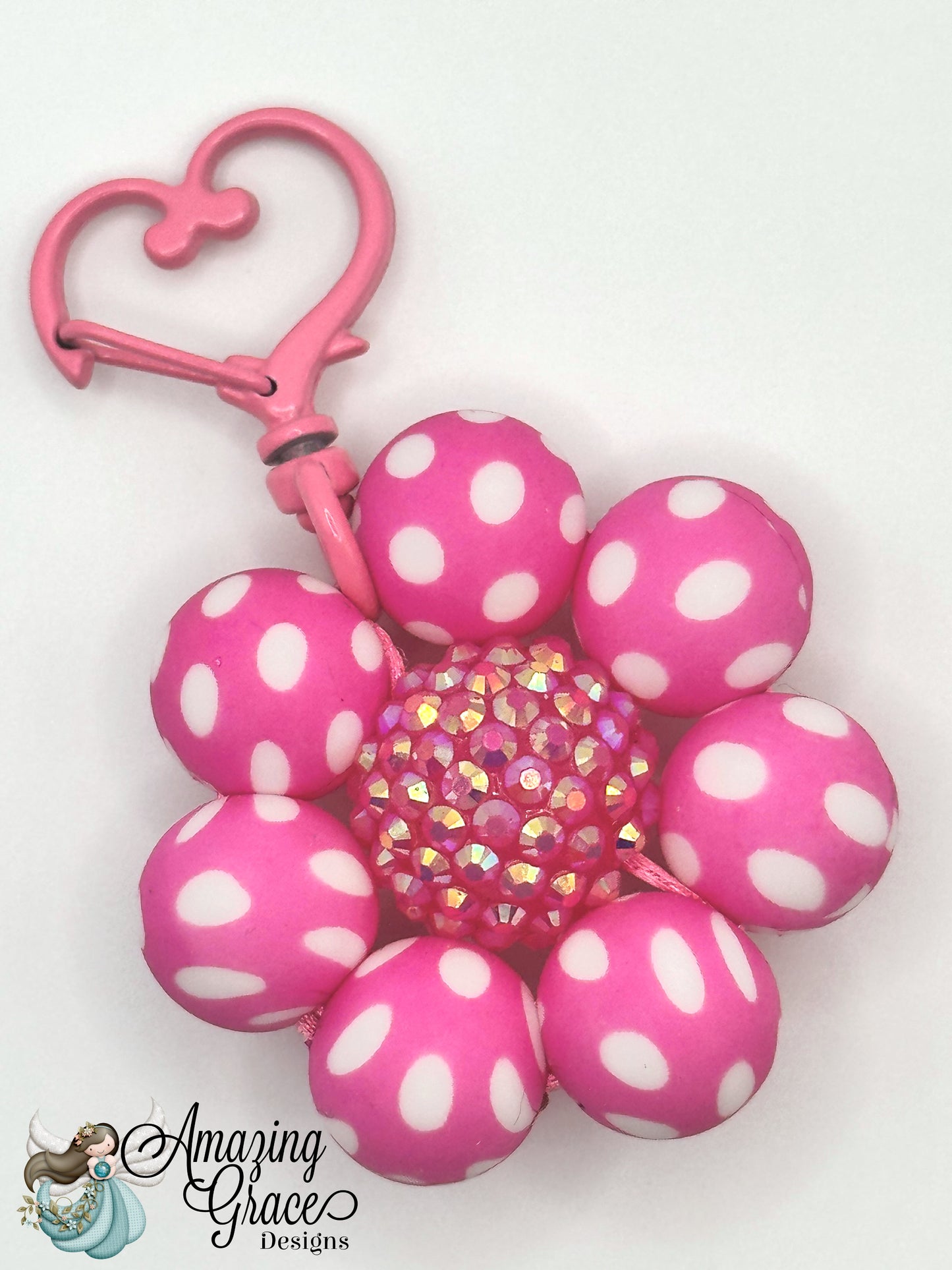 Polka Dot Pink Flower Bag Charm with Heart Clip